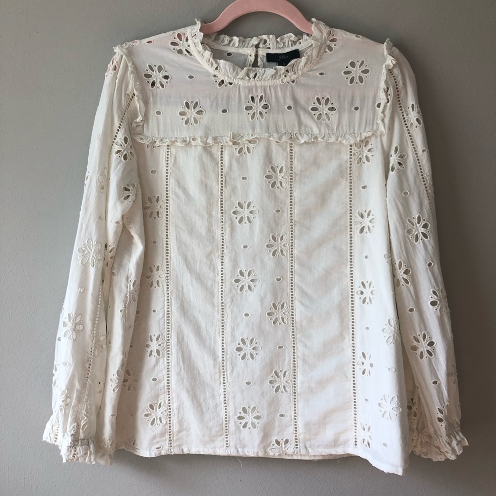 J. Crew Long Sleeve Cotton Top, Small, Off White, Floral, Romantic, Feminine